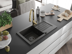 Mexen Pablo granite sink 1-bowl with drainer and Savita kitchen faucet, black/golden metallic - 6510-75-672601-50-B