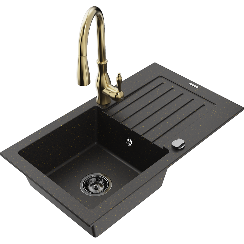 Mexen Pablo 1-Bowl Granite Kitchen Sink with Drainer and Savita Kitchen Mixer, Black/Gold Metallic - 6510-75-672601-50-B