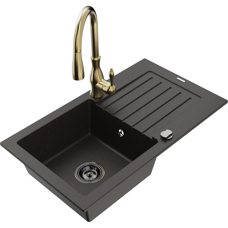 Mexen Pablo 1-compartment granite sink with a drip tray and kitchen mixer tap Savita, Black/Gold metallic - 6510-75-672601-50-B