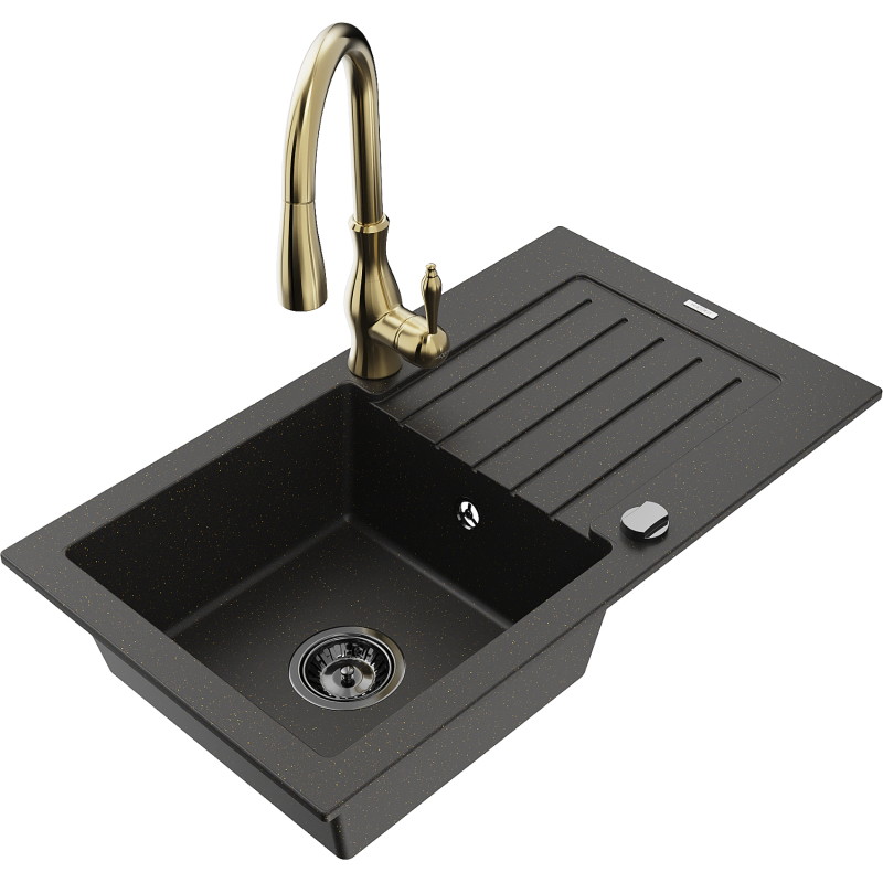 Mexen Pablo Granite Kitchen Sink 1-Bowl with Drainer and Savita Kitchen Faucet, Black/Gold Metallic - 6510-75-672601-50-B