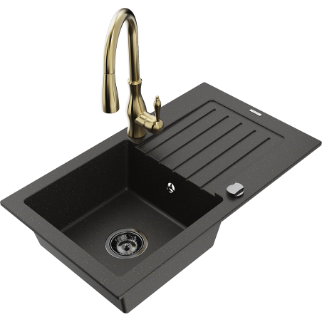 Mexen Pablo 1-Bowl Granite Kitchen Sink with Drainer and Savita Kitchen Mixer, Black/Gold Metallic - 6510-75-672601-50-B