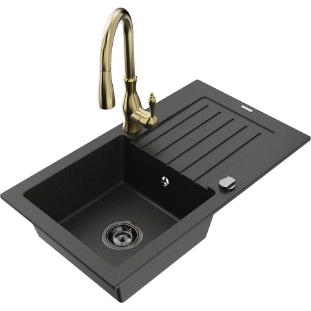 Mexen Pablo Granite Kitchen Sink 1-Bowl with Drainer and Savita Kitchen Faucet, Black/Gold Metallic - 6510-75-672601-50-B