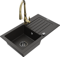 Mexen Pablo granite sink 1-bowl with drainer and Savita kitchen faucet, black/golden metallic - 6510-75-672601-50-B