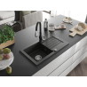 Mexen Pablo 1-bowl granite sink with drainer and Savita kitchen faucet, black/gold metallic - 6510-75-672601-70