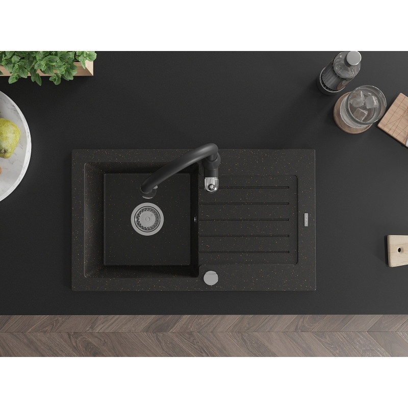 Mexen Pablo 1-bowl granite sink with drainer and Savita kitchen faucet, black/gold metallic - 6510-75-672601-70