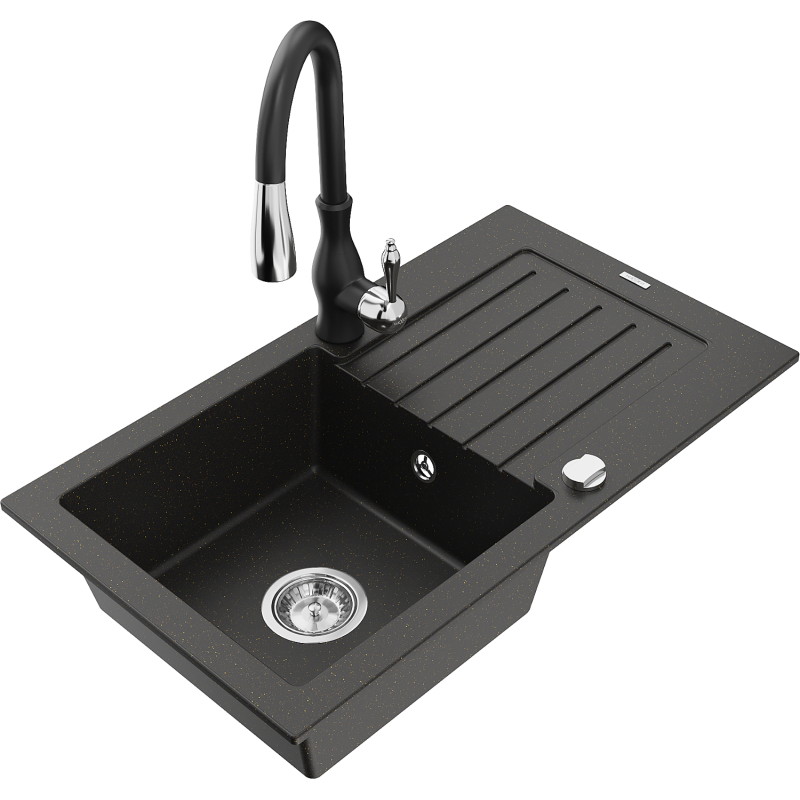 Mexen Pablo 1-bowl granite sink with drainer and Savita kitchen faucet, black/gold metallic - 6510-75-672601-70