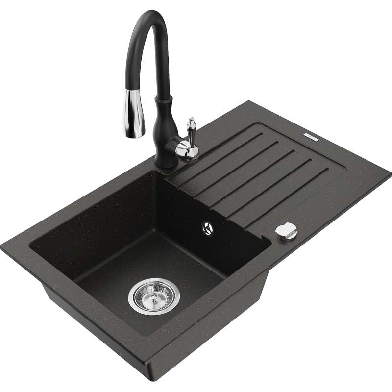 Mexen Pablo 1-compartment granite sink with a drip tray and kitchen mixer tap Savita, Black/Gold metallic - 6510-75-672601-70