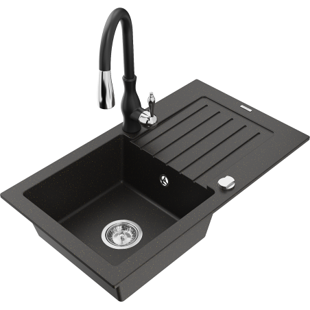 Mexen Pablo 1-bowl granite sink with drainer and Savita kitchen faucet, black/gold metallic - 6510-75-672601-70