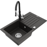 Mexen Pablo 1-bowl granite sink with drainer and Savita kitchen faucet, black/gold metallic - 6510-75-672601-70