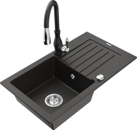 Mexen Pablo 1-compartment granite sink with a drip tray and kitchen mixer tap Savita, Black/Gold metallic - 6510-75-672601-70