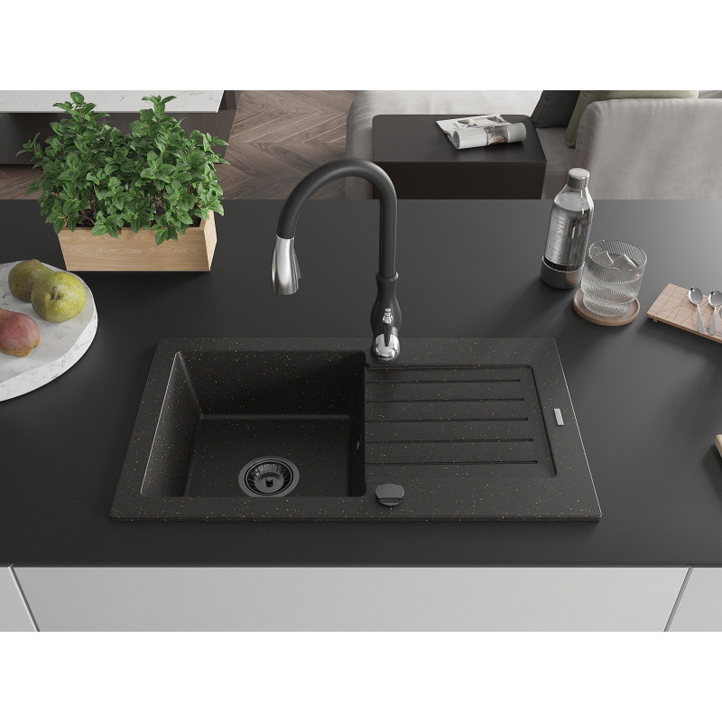 Mexen Pablo 1-bowl granite kitchen sink with drainer and Savita faucet, black/gold metallic - 6510-75-672601-70-B