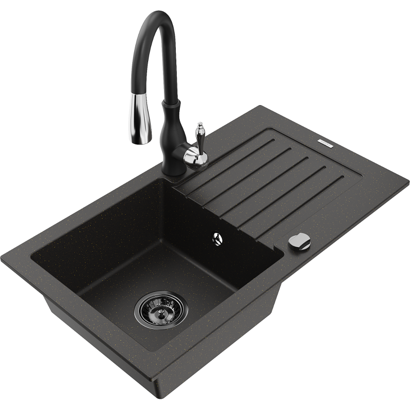 Mexen Pablo 1-bowl granite sink with drainer and Savita kitchen tap, black/gold metallic - 6510-75-672601-70-B