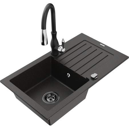 Mexen Pablo 1-bowl granite kitchen sink with drainer and Savita faucet, black/gold metallic - 6510-75-672601-70-B