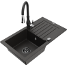 Mexen Pablo 1-bowl granite sink with drainer and Savita kitchen tap, black/gold metallic - 6510-75-672601-70-B