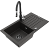 Mexen Pablo granite kitchen sink 1-bowl with drainer and Savita kitchen faucet, black/gold metallic - 6510-75-672601-70-B