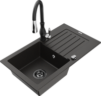 Mexen Pablo 1-bowl granite kitchen sink with drainer and Savita faucet, black/gold metallic - 6510-75-672601-70-B