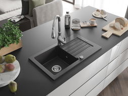 Mexen Pablo 1-bowl granite kitchen sink with drainer and Savita faucet, speckled black - 6510-76-672601-00