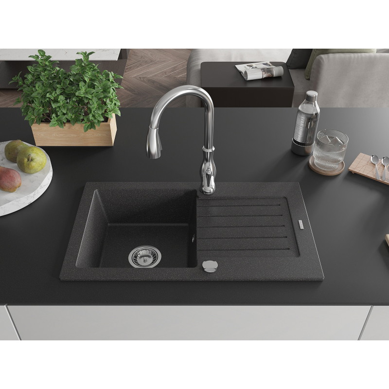 Mexen Pablo 1-bowl granite kitchen sink with drainer and Savita faucet, speckled black - 6510-76-672601-00