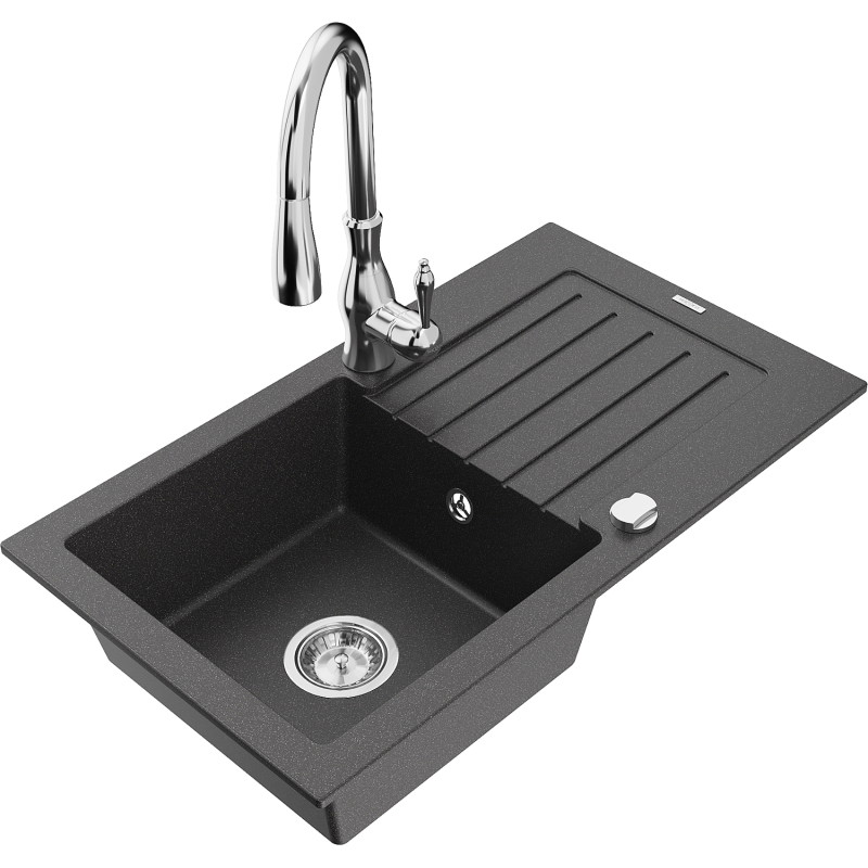 Mexen Pablo granite kitchen sink with 1 basin, drainer, and Savita kitchen faucet, black speckled - 6510-76-672601-00