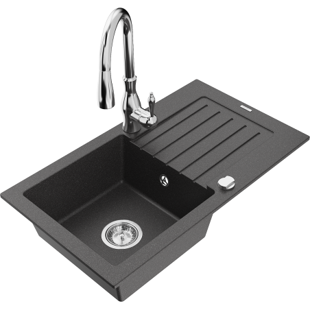 Mexen Pablo 1-bowl granite kitchen sink with drainer and Savita faucet, speckled black - 6510-76-672601-00
