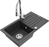 Mexen Pablo 1-bowl granite kitchen sink with drainer and Savita faucet, speckled black - 6510-76-672601-00
