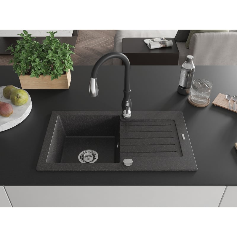 Mexen Pablo granite kitchen sink 1-bowl with drainer and Savita kitchen faucet, black speckled - 6510-76-672601-70