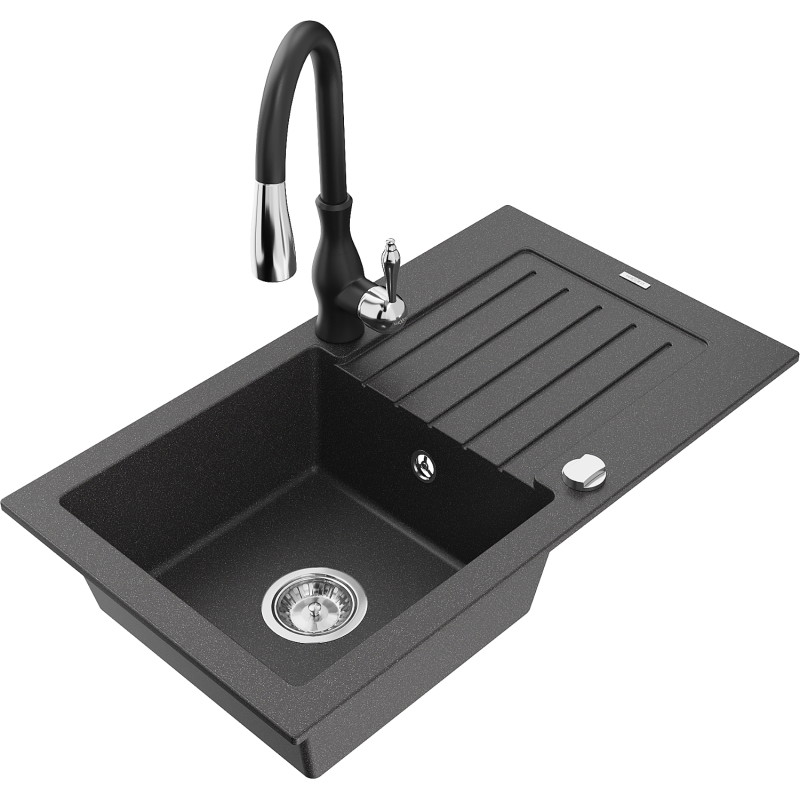 Mexen Pablo 1-bowl granite sink with drainer and kitchen faucet Savita, speckled black - 6510-76-672601-70