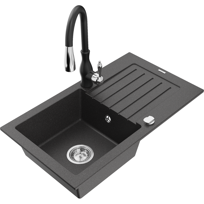 Mexen Pablo 1-compartment granite sink with a drip tray and kitchen mixer tap Savita, spotted black - 6510-76-672601-70