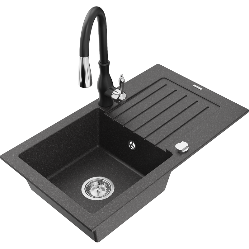 Mexen Pablo granite sink 1-bowl with drainer and Savita kitchen tap, speckled black - 6510-76-672601-70