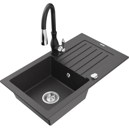 Mexen Pablo 1-bowl granite sink with drainer and kitchen faucet Savita, speckled black - 6510-76-672601-70