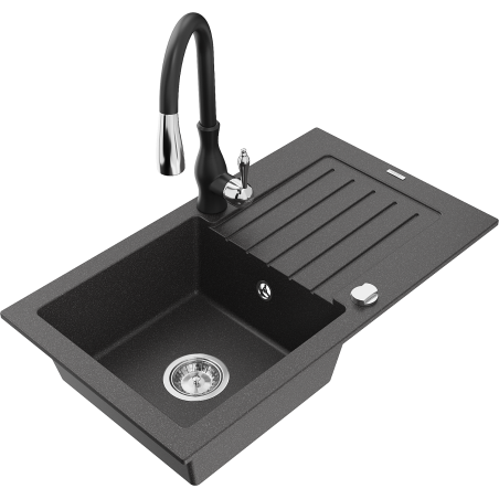 Mexen Pablo granite kitchen sink 1-bowl with drainer and Savita kitchen faucet, black speckled - 6510-76-672601-70