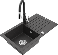 Mexen Pablo granite kitchen sink 1-bowl with drainer and Savita kitchen faucet, black speckled - 6510-76-672601-70