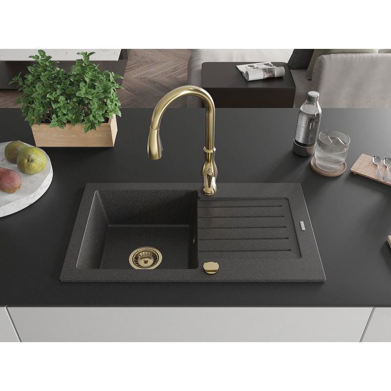 Mexen Pablo 1-bowl granite sink with drainer and Savita kitchen tap, black speckled - 6510-76-672601-50