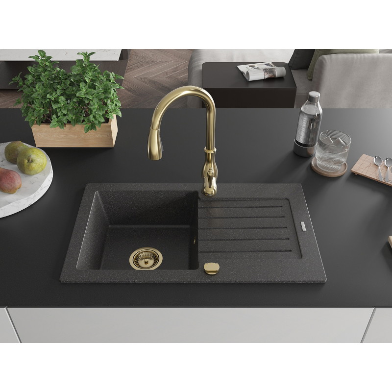Mexen Pablo granite sink 1-bowl with drainer and kitchen faucet Savita, speckled black - 6510-76-672601-50
