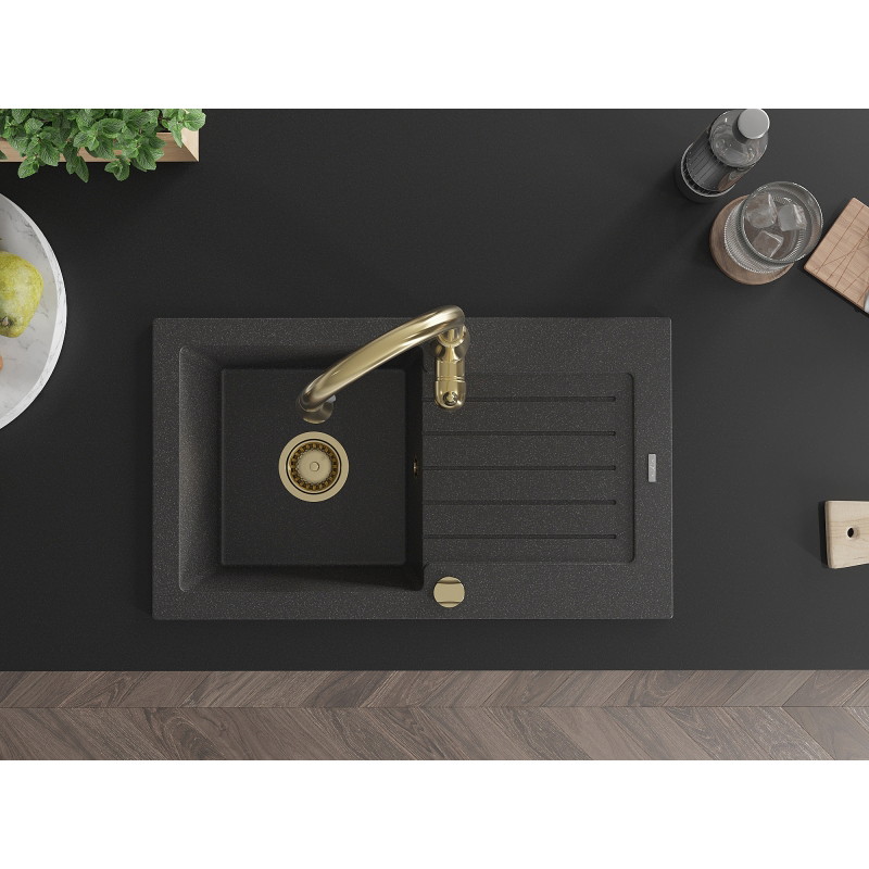 Mexen Pablo granite sink 1-bowl with drainer and kitchen faucet Savita, speckled black - 6510-76-672601-50