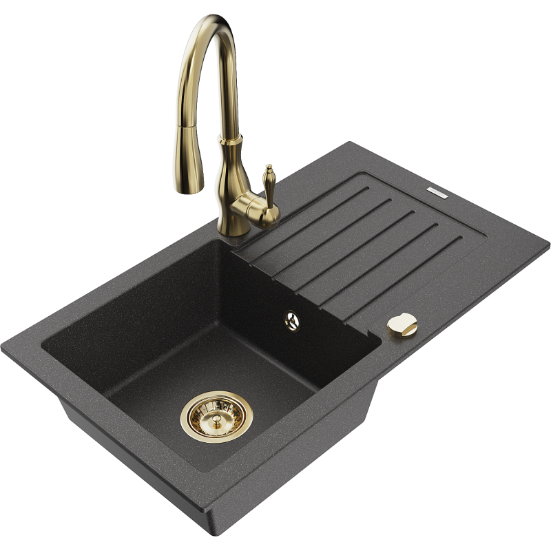 Mexen Pablo 1-bowl granite sink with drainer and Savita kitchen tap, black speckled - 6510-76-672601-50