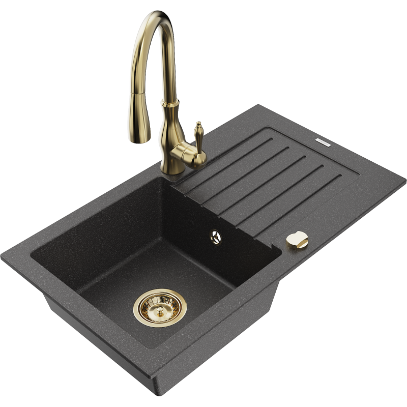 Mexen Pablo 1-compartment granite sink with a drip tray and kitchen mixer tap Savita, spotted black - 6510-76-672601-50