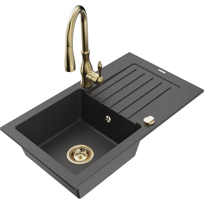 Mexen Pablo 1-compartment granite sink with drainer and Savita kitchen faucet, black speckled - 6510-76-672601-50