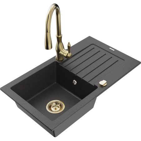 Mexen Pablo 1-bowl granite sink with drainer and Savita kitchen tap, black speckled - 6510-76-672601-50