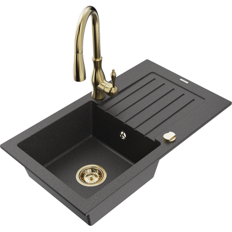 Mexen Pablo granite sink 1-bowl with drainer and kitchen faucet Savita, speckled black - 6510-76-672601-50