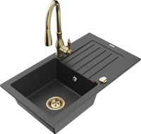 Mexen Pablo granite sink 1-bowl with drainer and kitchen faucet Savita, speckled black - 6510-76-672601-50