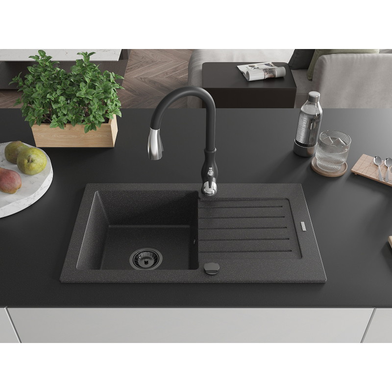 Mexen Pablo 1-bowl granite sink with drainer and Savita kitchen faucet, black speckled - 6510-76-672601-70-B