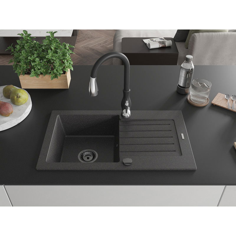 Mexen Pablo 1-bowl granite sink with drainer and Savita kitchen tap, black speckled - 6510-76-672601-70-B