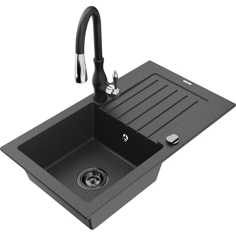 Mexen Pablo 1-bowl granite sink with drainer and Savita kitchen faucet, black speckled - 6510-76-672601-70-B