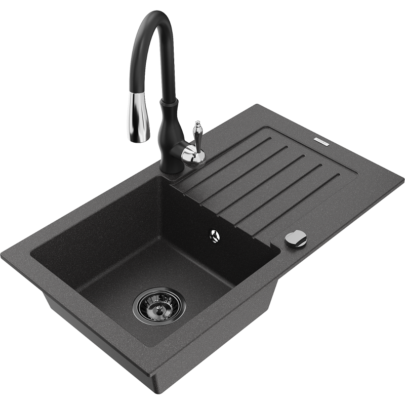 Mexen Pablo 1-bowl granite sink with drainer and Savita kitchen tap, black speckled - 6510-76-672601-70-B
