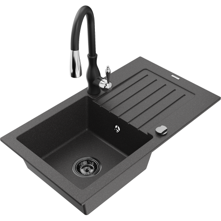 Mexen Pablo 1-bowl granite sink with drainer and Savita kitchen faucet, black speckled - 6510-76-672601-70-B
