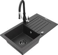 Mexen Pablo granite sink 1-bowl with drainer and Savita kitchen faucet, speckled black - 6510-76-672601-70-B
