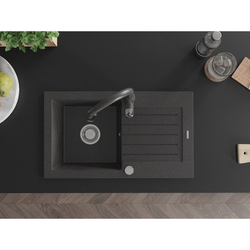 Mexen Pablo 1-bowl granite sink with drainer and Savita kitchen tap, black speckled - 6510-76-672601-76