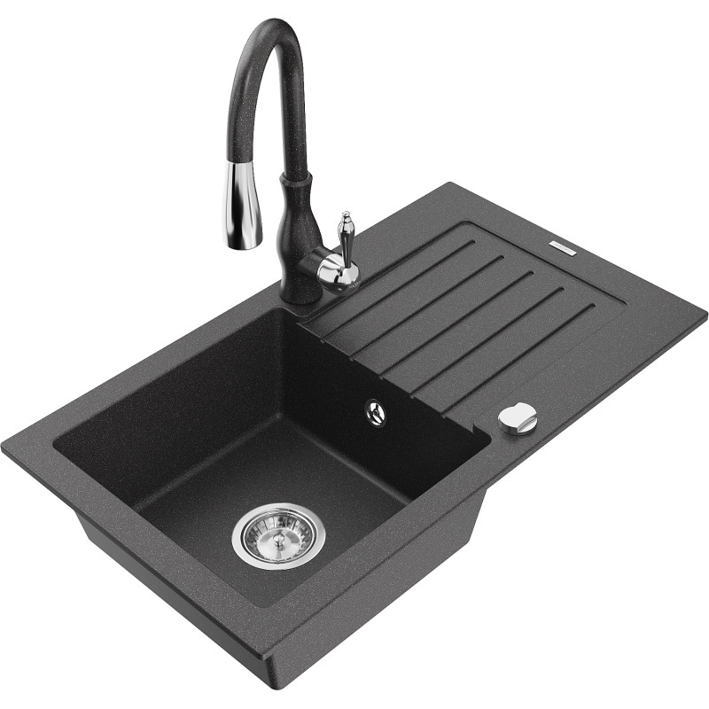 Mexen Pablo 1-bowl granite kitchen sink with drainer and Savita faucet, speckled black - 6510-76-672601-76