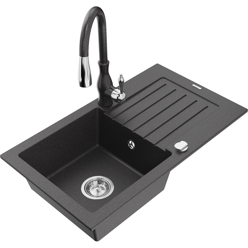 Mexen Pablo 1-compartment granite sink with a drip tray and kitchen mixer tap Savita, spotted black - 6510-76-672601-76